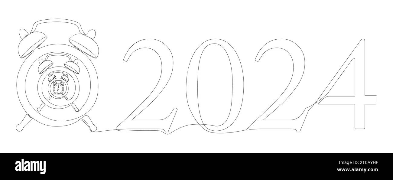 Eine durchgehende Weckzeile mit der Nummer 2024. Thin Line Holiday Illustrations Vektorkonzept. Konturzeichnung kreative Ideen. Stock Vektor