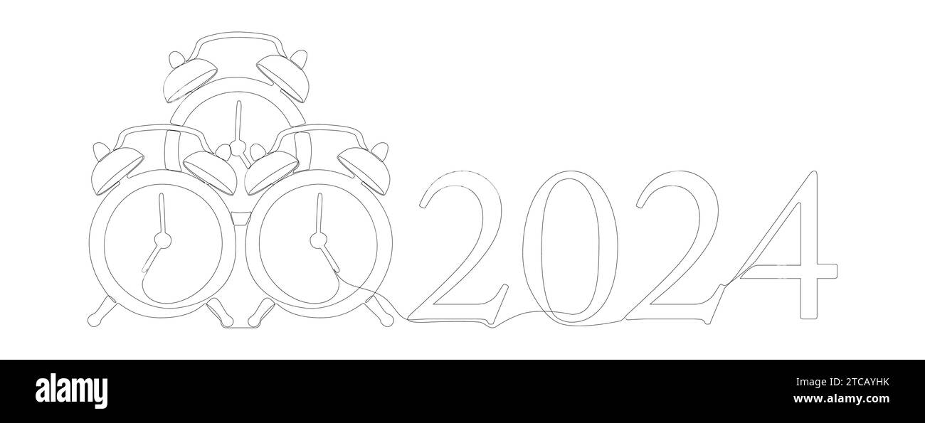 Eine durchgehende Weckzeile mit der Nummer 2024. Thin Line Holiday Illustrations Vektorkonzept. Konturzeichnung kreative Ideen. Stock Vektor