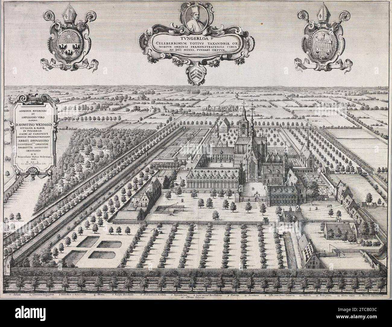 Wenzel Hollar (nach Leo van Heil) - Tongerlo Abbey aus der Vogelperspektive. Stockfoto