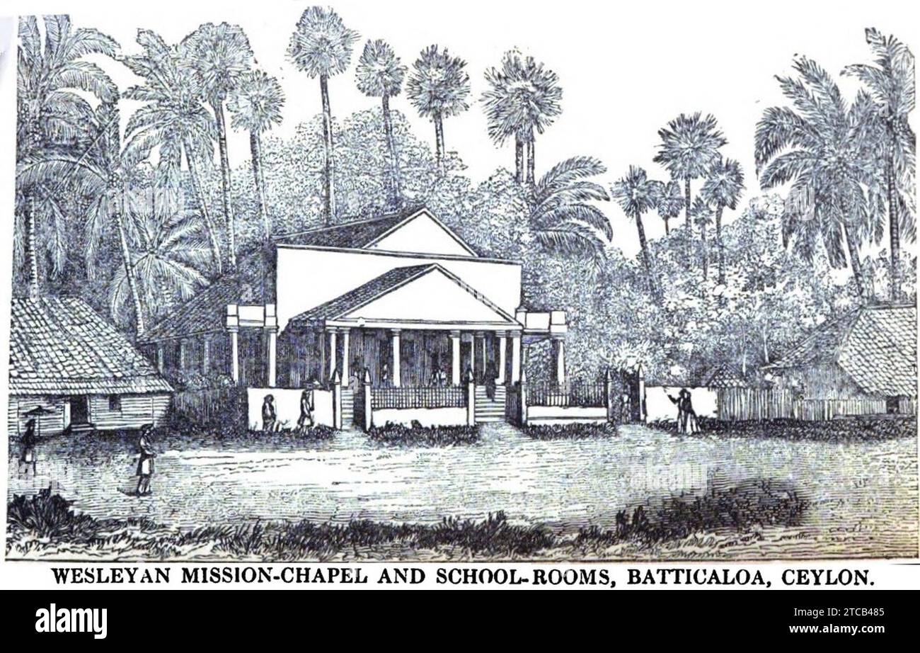 Wesleyan Missionskapelle und Schulräume, Battticaloa, Ceylon (VII, S.54, Mai 1950) - Kopie. Stockfoto