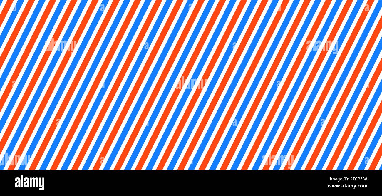 Friseur Shop Stange Hintergrund. Abstraktes diagonales Muster. Gestreiftes, sich wiederholendes Hintergrundbild. Rote, weiße und blaue sich wiederholende Textur. Hintergrund für Geschenkpapier. Vektordekoration Stock Vektor