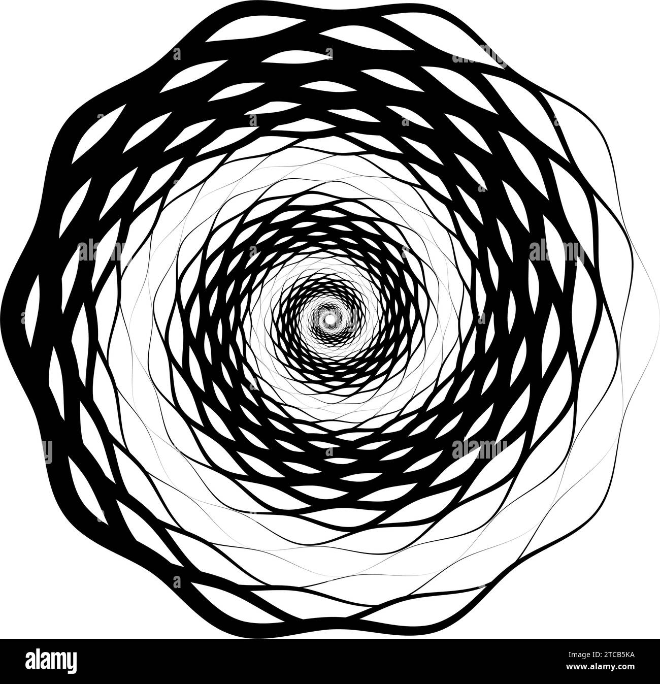 Abstraktes Radialmuster. Kreisförmige geometrische Spiralform. Rundes Design mit dekorativer Schale. Schwarzes Designelement für Logo, Etikett, Etikett, Emblem, Poster, Banner, Symbol, Präsentation. Vektorabbildung Stock Vektor