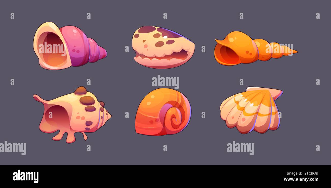 Seehülle und Schneckenmuscheln. Zeichentrickvektor-Illustration Set der niedlichen Unterwasserschalen für Spiel-ui-Design. Sammlung heller Nautik- oder Aquarienmuscheln mit Hörnern, Spiralen und Jakobsmuscheln. Stock Vektor