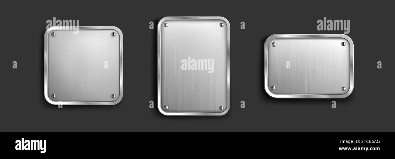 Kennzeichnungsplatte aus Stahl mit Rahmen und Schrauben. Realistischer Vektorsatz aus Metall-Typenschildern oder -Tafeln mit leerem Platz für Zeichen. Silberne Plakette oder rostfreies Rahmenmodell. Leere Form mit verchromter Textur. Stock Vektor