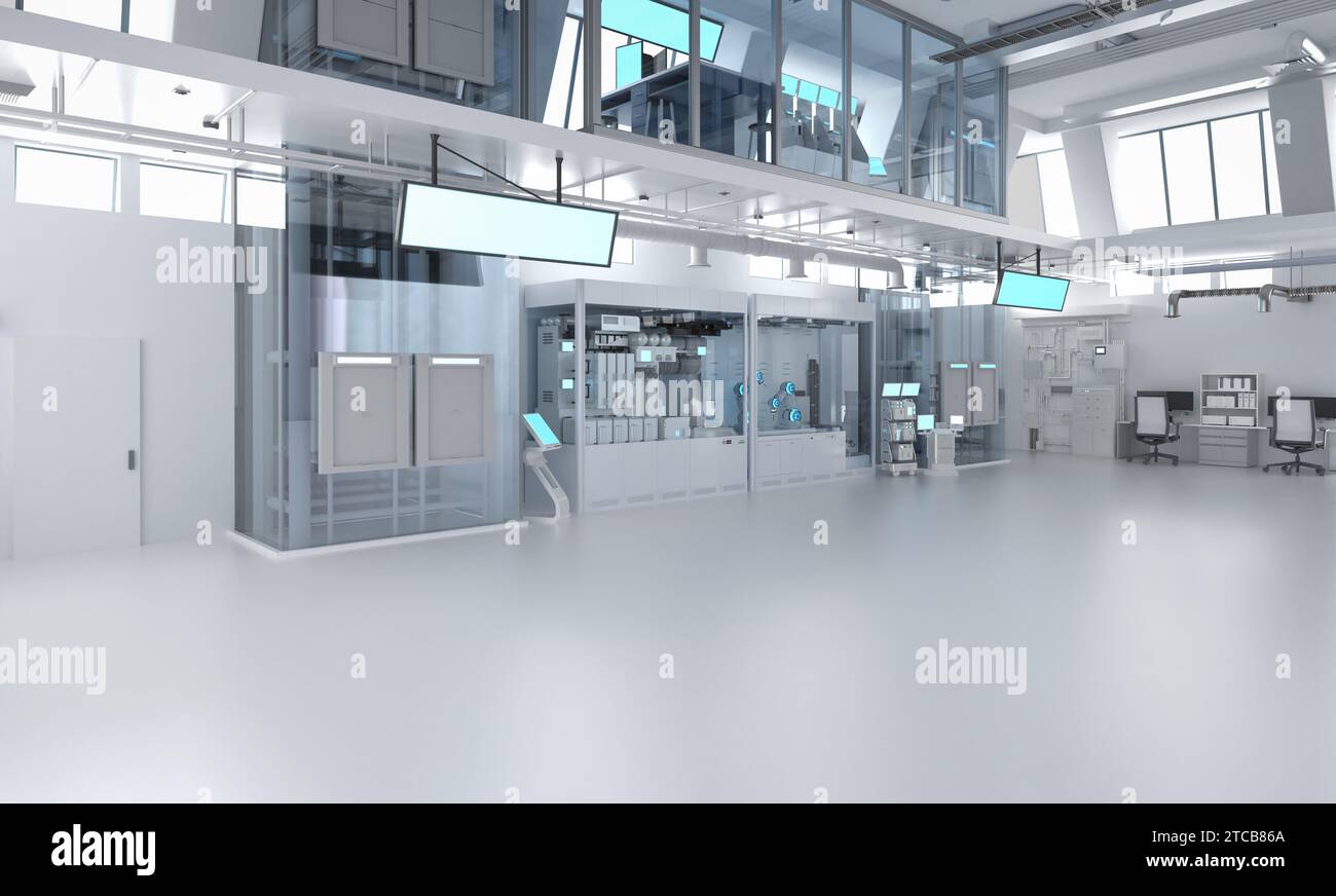 3D-Rendering-Laborausstattung oder Produktionsfabrik mit Maschine, Computerbildschirm und Schreibtischen Stockfoto