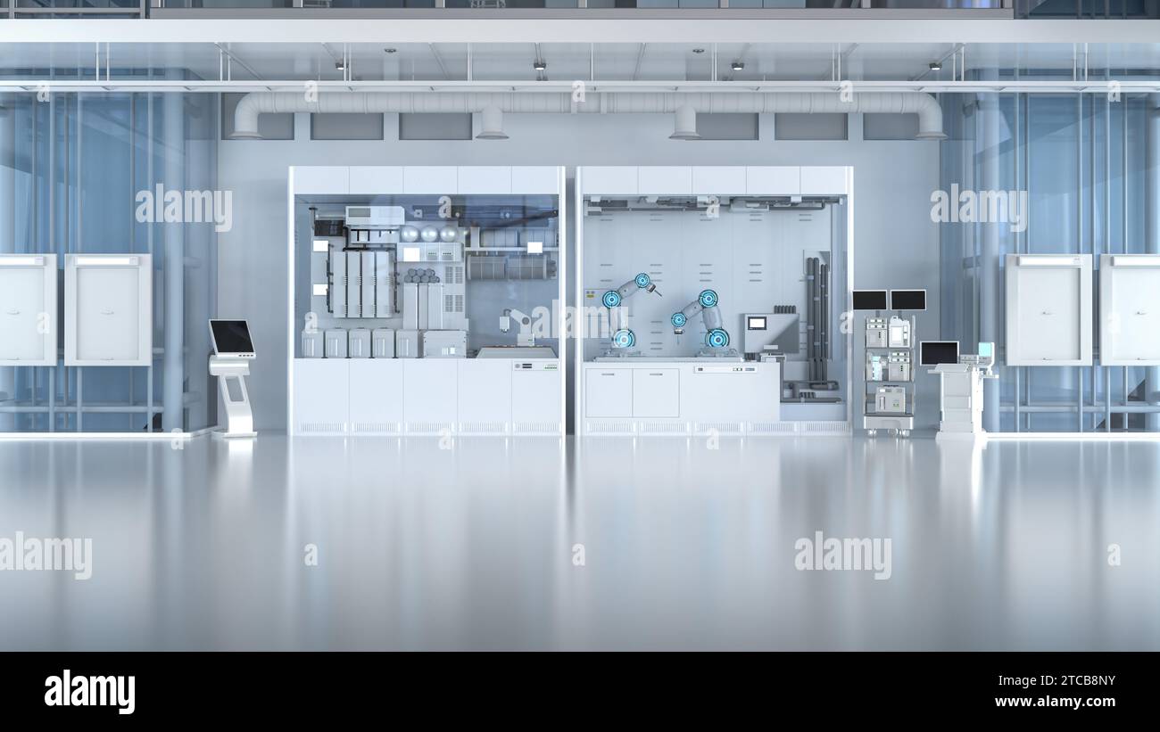 3D-Rendering-Laborausstattung oder Fertigungsfabrik mit Maschinen Stockfoto