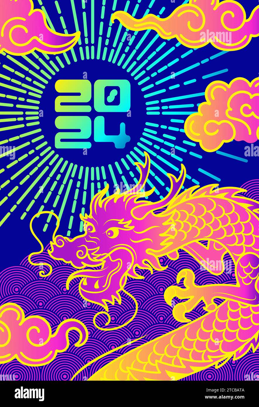 Chinesisches Neujahr des Holzdrachen. Sonne und Wolken. Helles Vektor-Vintage-Banner in Neonfarben der 90er Jahre, asiatischer Stil. Helles Vektorbanner. Papier L.A. Stock Vektor