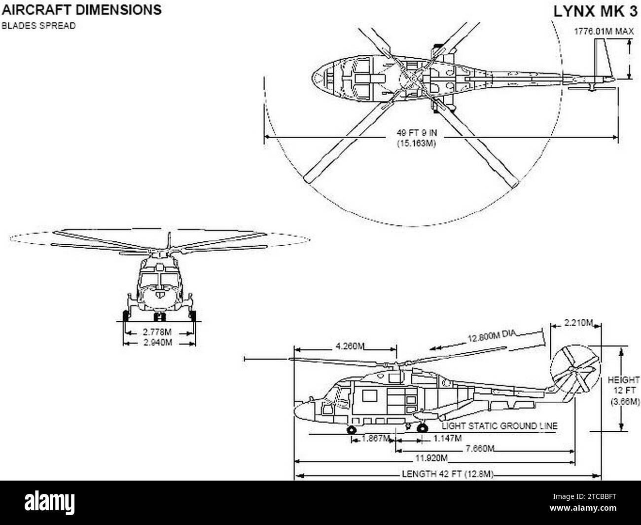 Abmessungen Des Westland Lynx Mk3 Hubschraubers. Stockfoto