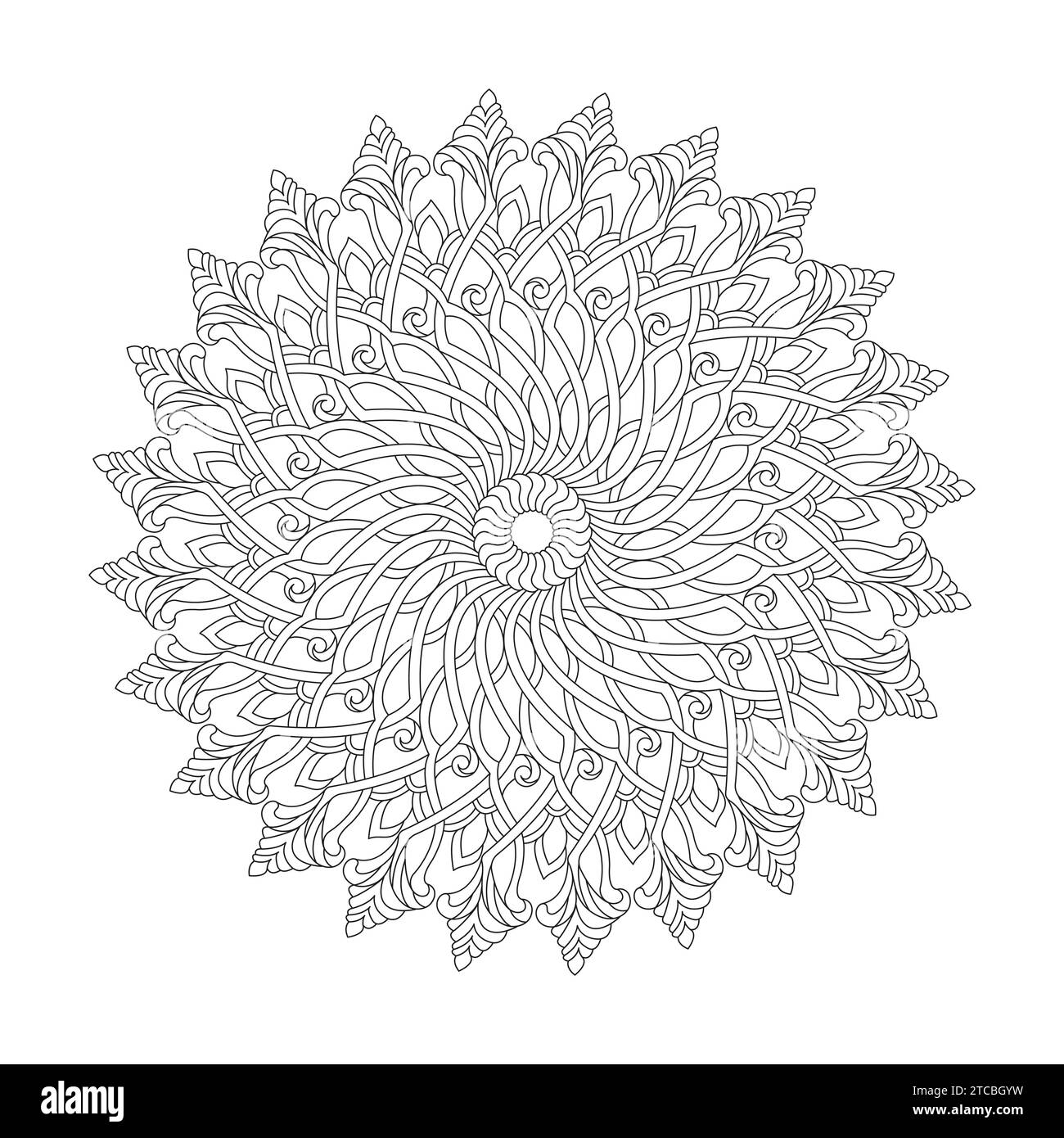 Beruhigende Symmetrie für Erwachsene Mandala-Malbuch-Seite für KDP-Buchinnenraum. Friedliche Blütenblätter, Fähigkeit zum Entspannen, Gehirnerlebnisse, harmonischer Hafen, Frieden Stock Vektor