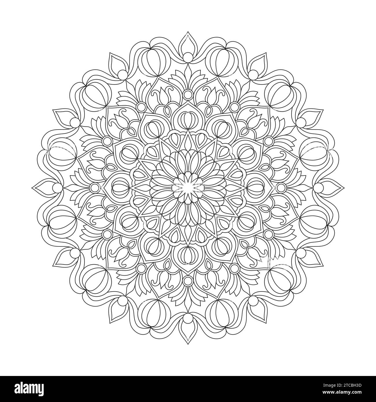 Erwachsene Zen-Wirbel-Mandala-Malbuchseite für KDP-Bucheinbau. Friedliche Blütenblätter, Fähigkeit zum Entspannen, Gehirnerlebnisse, harmonischer Hafen, friedlich Stock Vektor