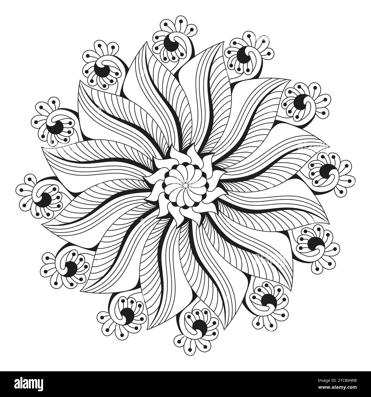 Meditation spirituelles Mandala Malbuch Seite für KDP Buch Innenraum. Friedliche Blütenblätter, Fähigkeit zum Entspannen, Gehirnerlebnisse, harmonischer Hafen, friedlich Stock Vektor