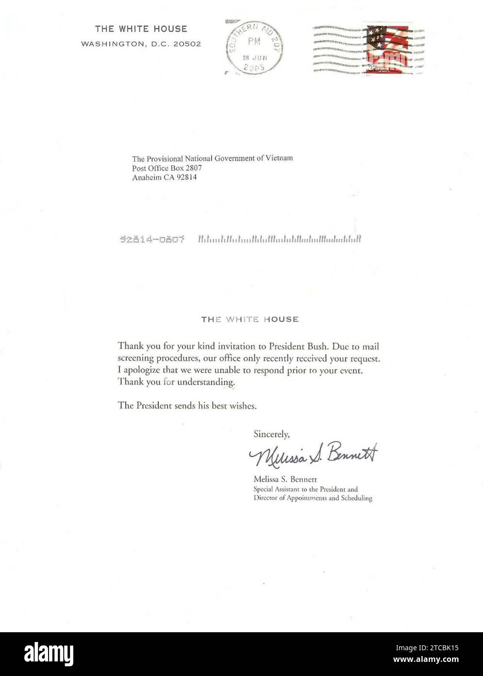 Antwort des Weißen Hauses auf die Einladung des Präsidenten George W. Bush durch die Provisorische nationale Regierung Vietnams (28. Juni 2005). Stockfoto
