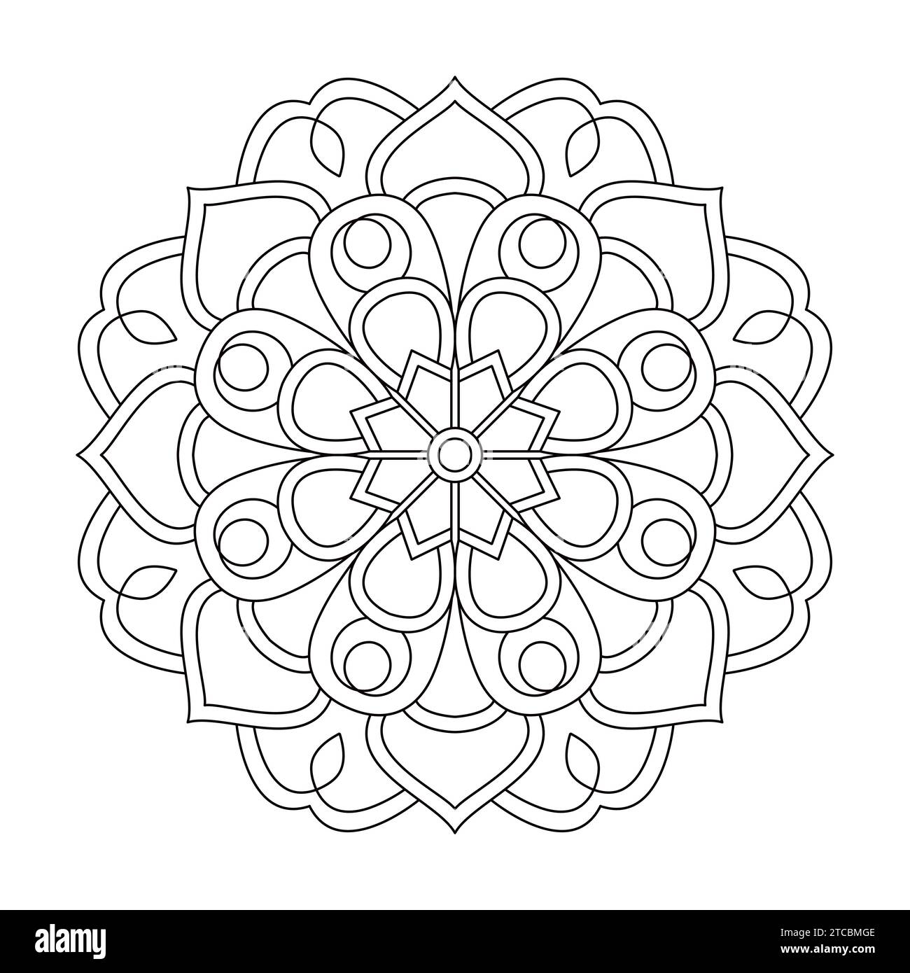 Verzauberter Garten Mandala Malbuch Seite für KDP Buch Innenraum. Friedliche Blütenblätter, Fähigkeit zum Entspannen, Gehirnerlebnisse, harmonischer Hafen, Frieden Stock Vektor