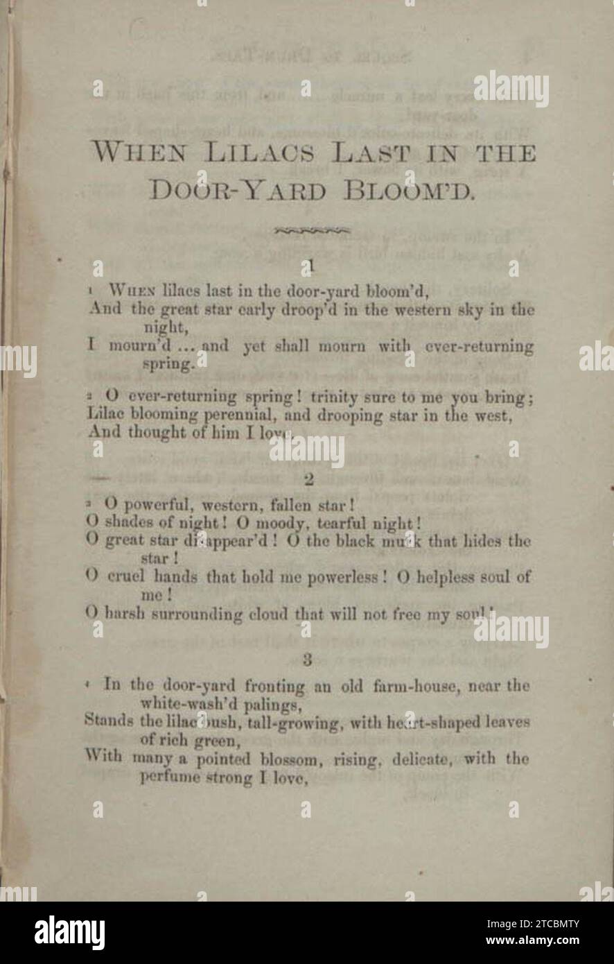 Whitman-Gedicht, wenn Flieder zuletzt in der Dooryard Bloom'd Fortsetzung Seite 3. Stockfoto
