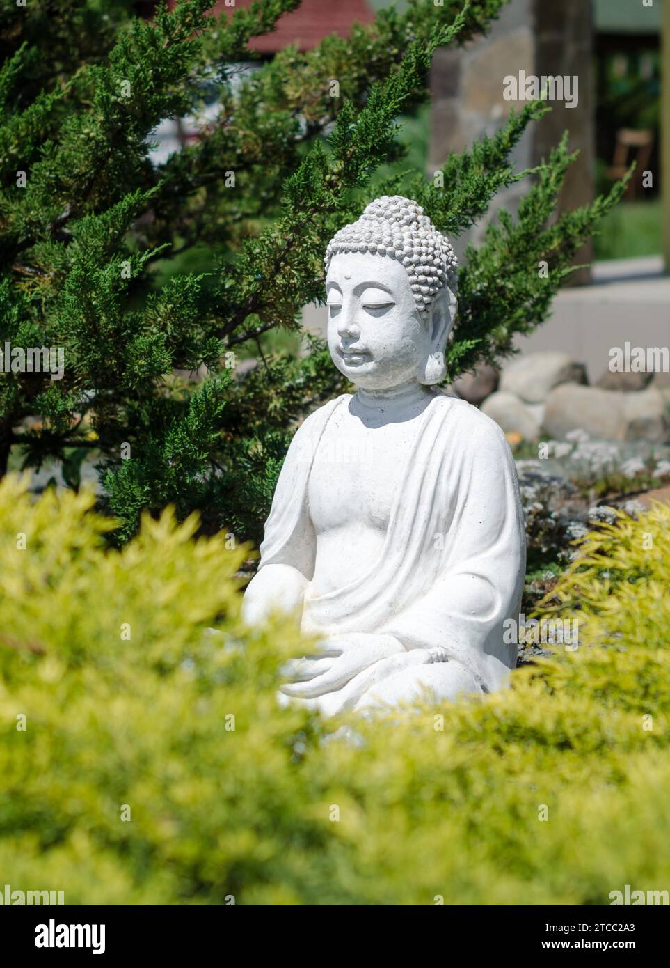 Koblevo, Ukraine 06 12 2018: weiße Statue eines sitzenden Buddha im Prozess der Meditation im Juniper Dickichte Stockfoto