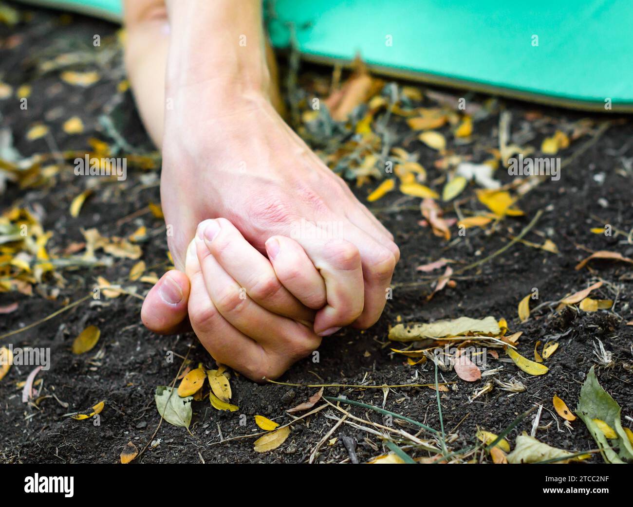 Hände von Menschen, die sich gegenseitig auf dem Boden halten, umgeben von Blättern Stockfoto