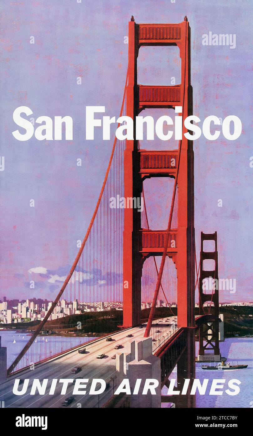 Vintage-Reiseplakat - United Airlines San Francisco, Golden Gate Bridge - Werbeplakat (1960er Jahre) Stockfoto