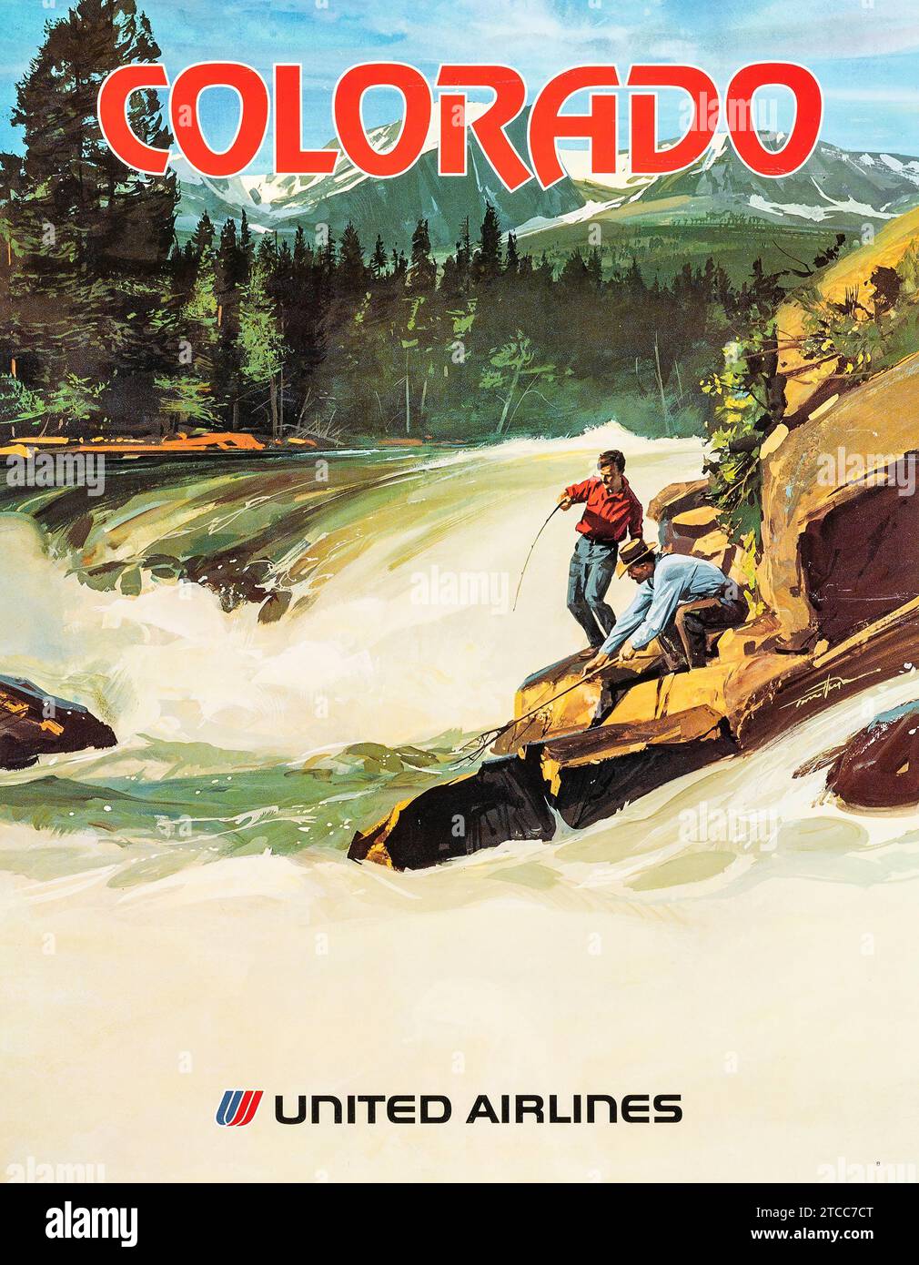 Colorado Travel Poster (United Airlines, 1960er) American Airline Poster - Tom Hayn Artwork - Angeln in einem Fluss - Tierwelt Stockfoto