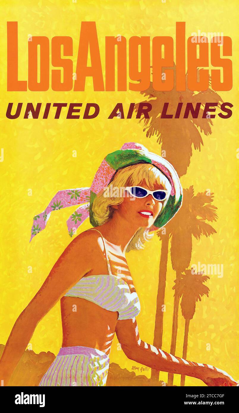 Vintage-Reiseplakat - Los Angeles United Air Lines, Frau auf gelbem Hintergrund mit Palmen, 1960er Jahre Stockfoto