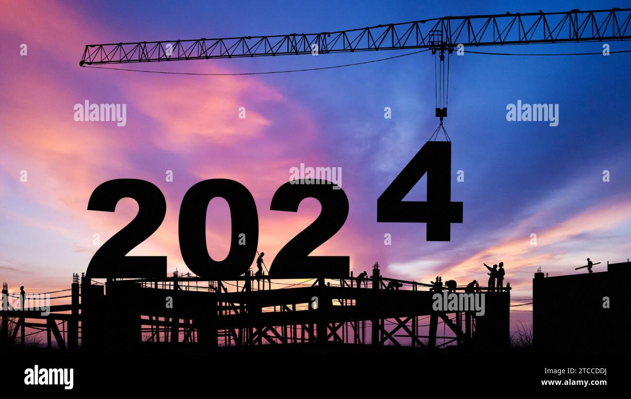 Kranhub Nummer 4 geht auf 2024 zurück, bereiten Sie sich auf den willkommenen Start in das neue Jahr 2024 mit Silhouette Baustelle und Personal vor Stockfoto