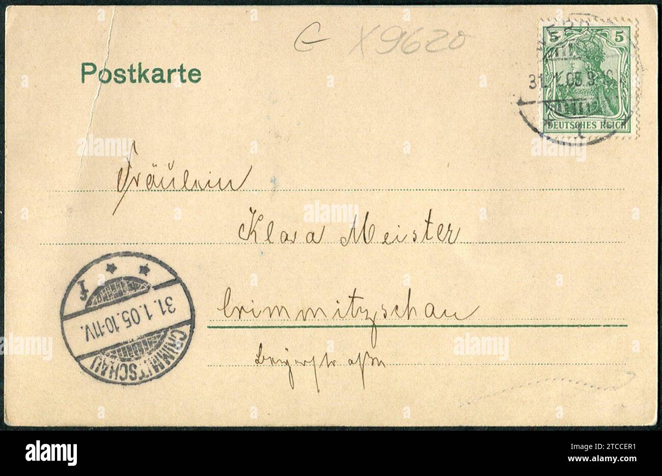 Wilhelm Hoffmann AG AK 01343 Werdau i. S. höhere Webschule, Adressseite Klara Meister 1905 in Crimmitschau. Stockfoto