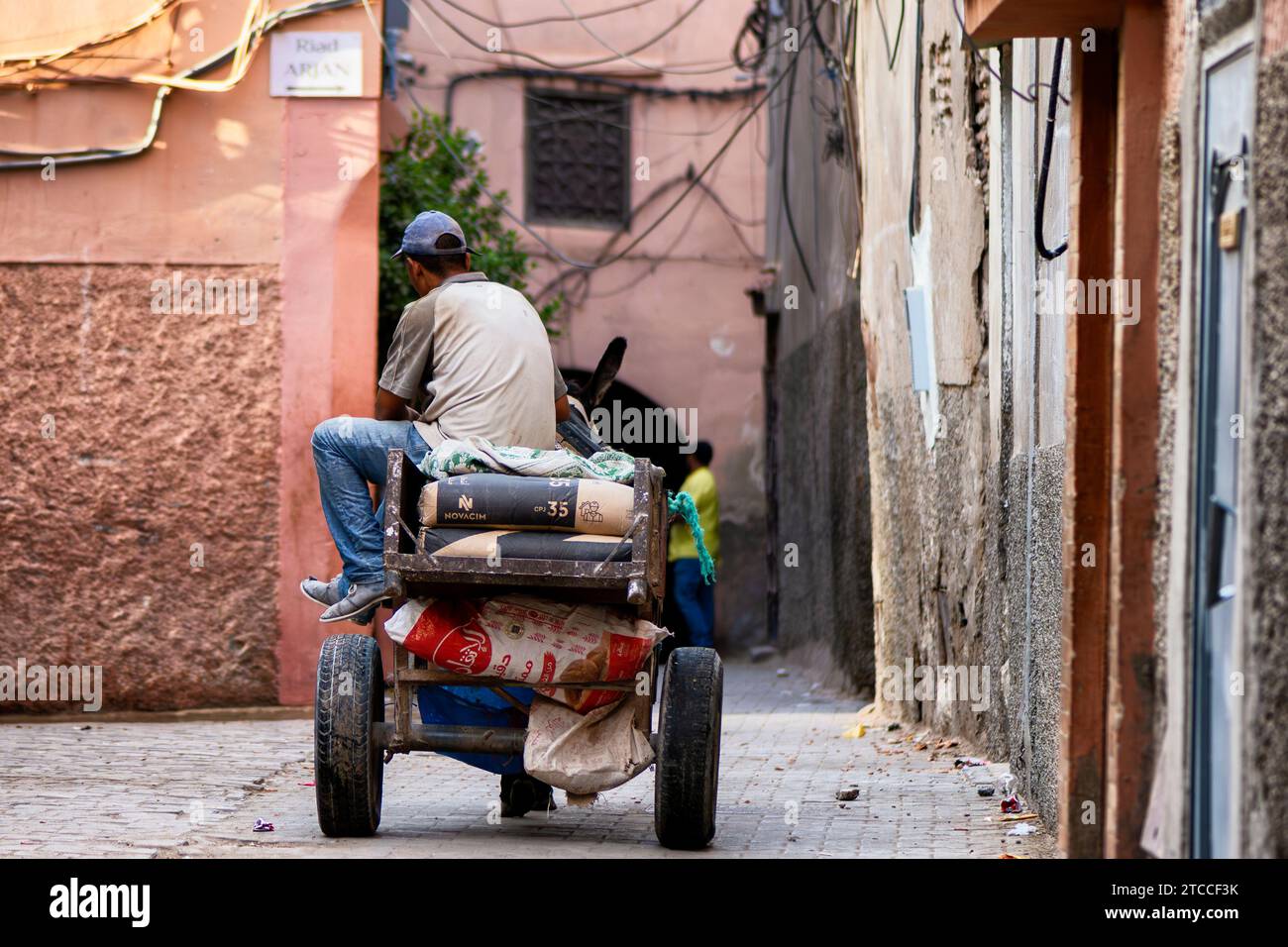 Marrakesch, Marokko: Ein marokkanischer Mann transportiert Betonsäcke auf einem zweirädrigen Wagen, der von einem Esel in einer Marrakesch Medina Straße gezogen wird. Stockfoto