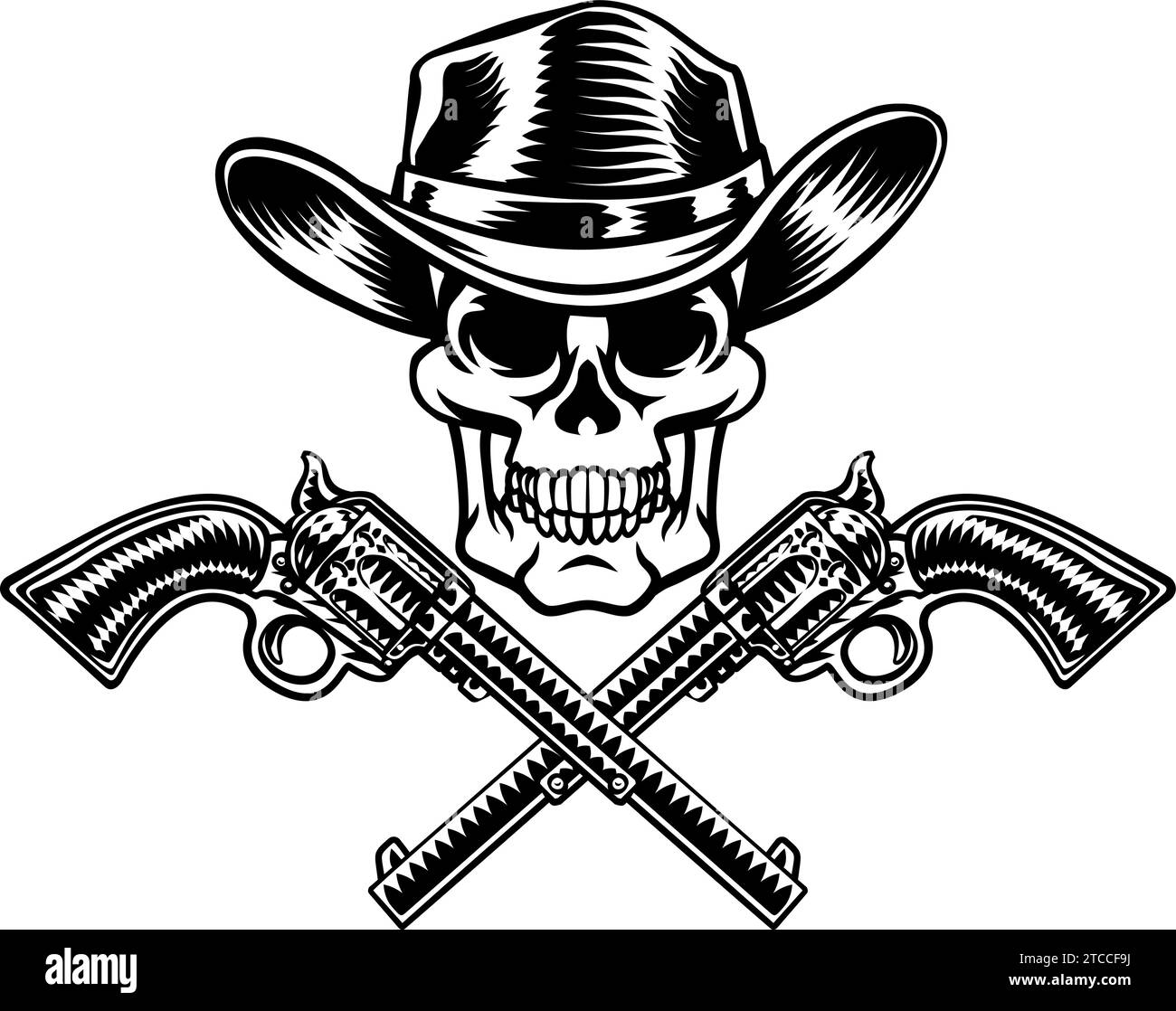 Cowboy Hut Pistolen Schädel Piraten Kreuz Knochen Stock Vektor