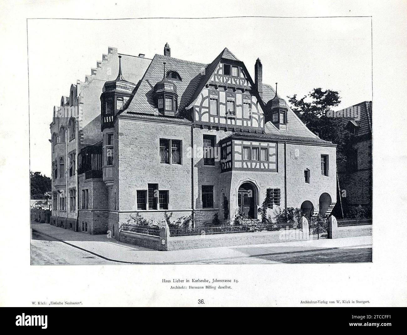 Wilhelm Kick, einfache Neubauten, Stuttgart 1890, Haus lieber in Karlsruhe, Jahnstraße 24, Architekt Hermann Billing aus Karlsruhe. Stockfoto