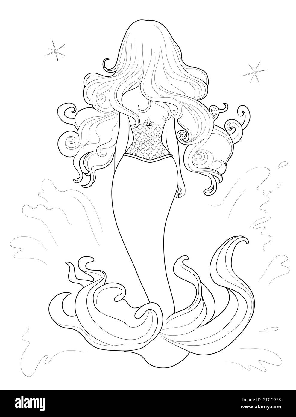 Mermaid Girl Fashion Illustration. Abbildung der Ausmalseite für das Ausmalbuch umreißen. Vektorkontur Stock Vektor