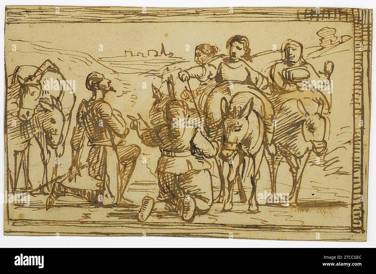 Wilhelm Marstrand - Don Qiuxote og Sancho Panza på knæ. Stockfoto