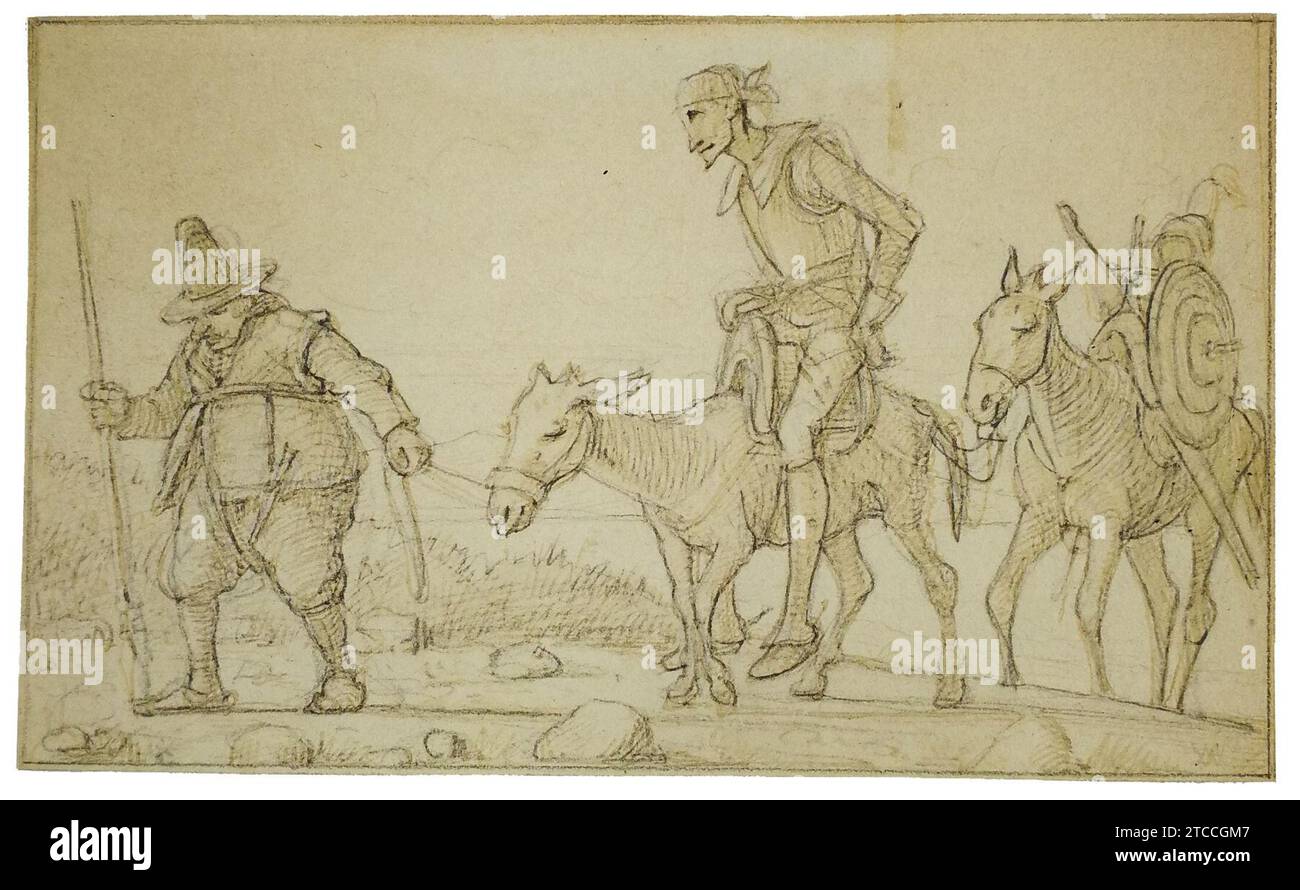 Wilhelm Marstrand - Sancho Panza trækker Don Qiuxote på et æsel. Stockfoto