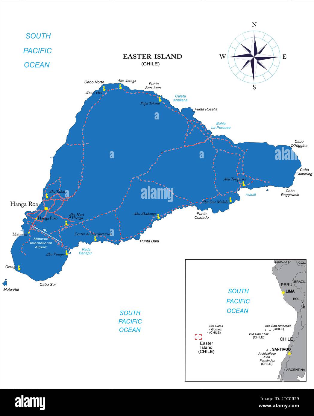 Sehr detaillierte politische Vektorkarte der Osterinsel (CHILE) mit Verwaltungsregionen und Hauptstädten. Stock Vektor