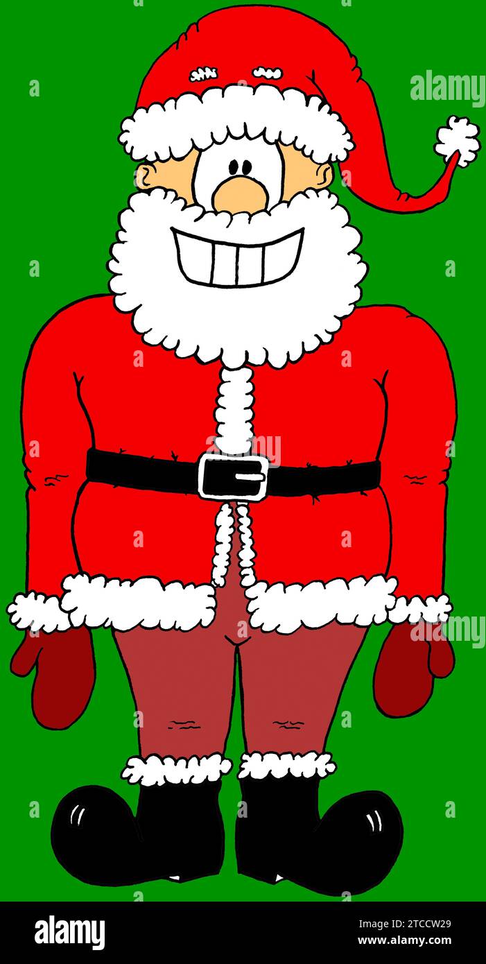 Handgezeichneter Weihnachtsmann umreißt digital auf grünem Hintergrund. Stockfoto
