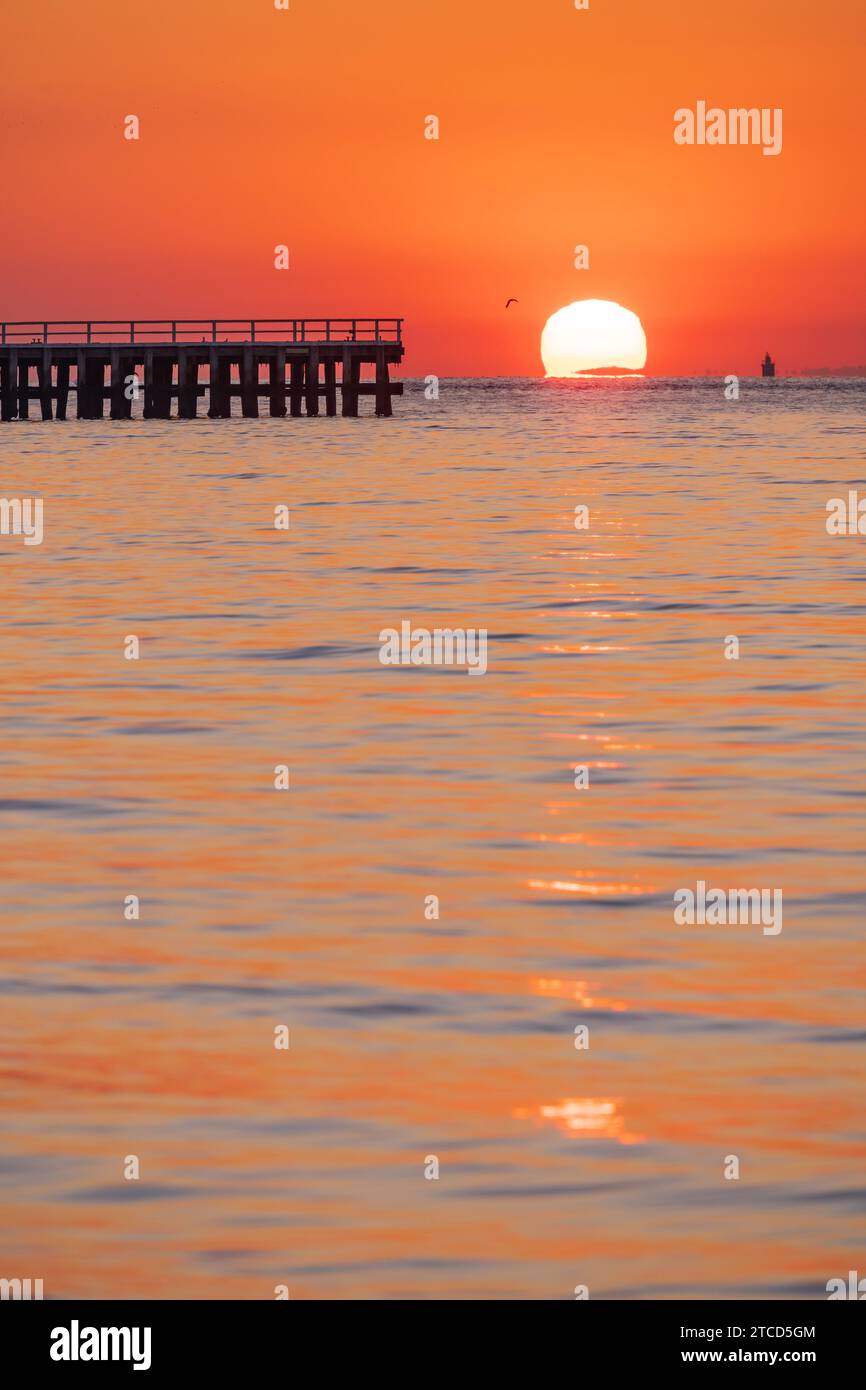 Eine goldene Sonne, die über einer ruhigen Bucht am Ende eines Küstenpiers bei Queenscliff auf der Bellarine Peninsula in Victoria, Australien, aufgeht. Stockfoto