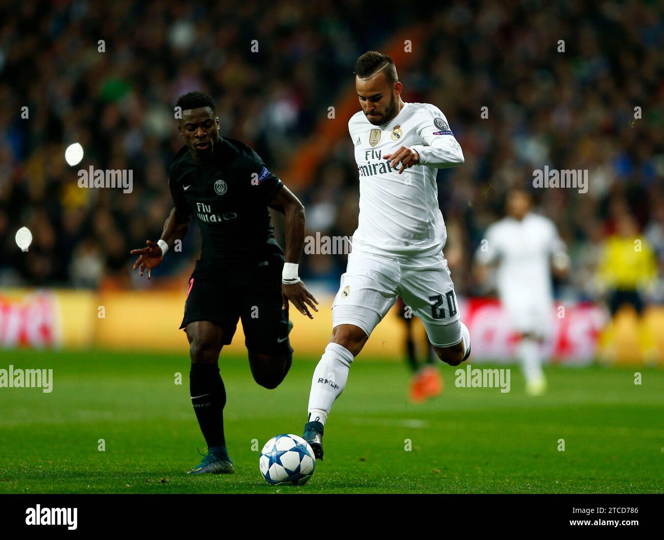 Madrid, 11.03.2015. Das Champions-League-Spiel wurde im Stadion Santiago Bernabéu zwischen Real Madrid und Paris Saint Germain ausgetragen, das mit einem Heimsieg 1-0 endete. Auf dem Bild, Jese und Matuidi Blaise. Foto: Oscar del Pozo ARCHDC. Quelle: Album / Archivo ABC / Oscar del Pozo Stockfoto