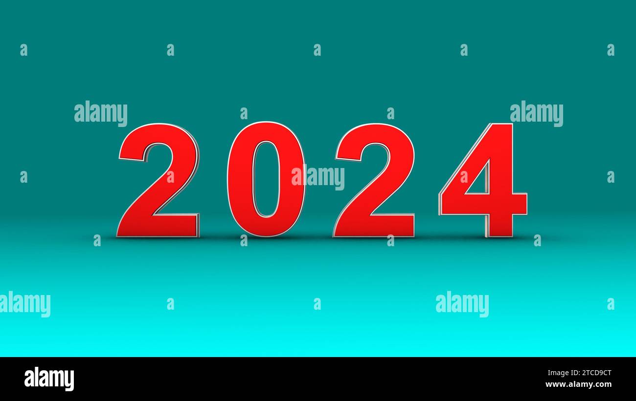 Roter Text 2024 auf cyanblauem Hintergrund drehen Stockfoto