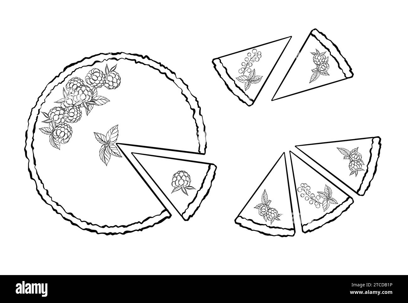Käsekuchen und Stücke mit Minze und Beeren. Vektorabbildung. Grapgischer STYLE. Handgezeichnet in einem einfachen minimalistischen Stil. Kann in der Küche verwendet werden Stock Vektor