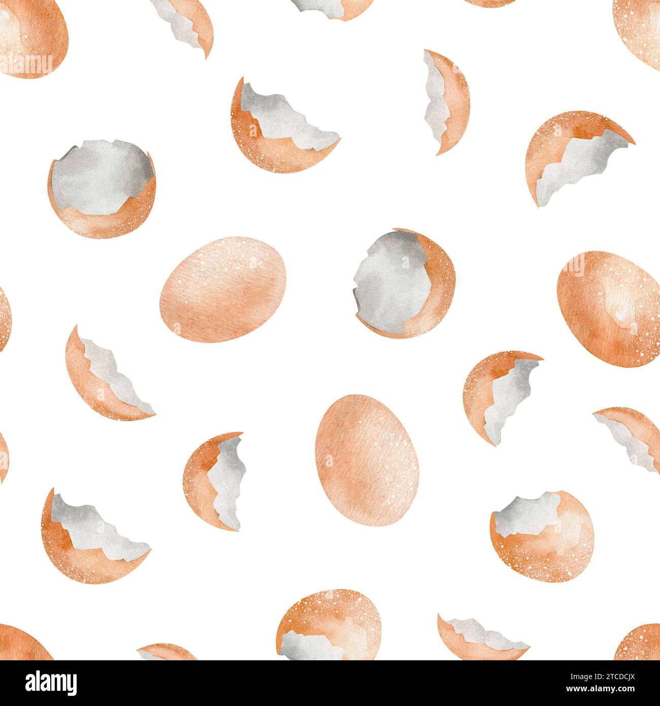Nahtloses Muster von Hühnerei und Schale auf weißem Hintergrund. Aquarellhintergrund landwirtschaftlicher Erzeugnisse handgezeichnet. Stockfoto