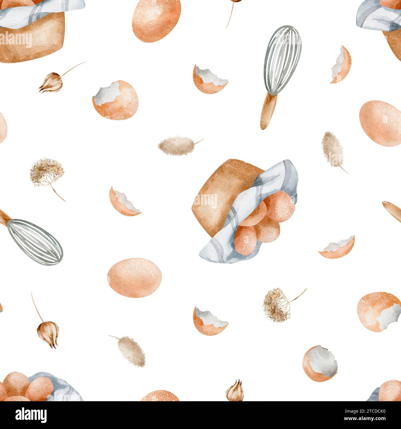 Nahtloses Muster von Hühnerei und Schale auf weißem Hintergrund. Aquarellhintergrund landwirtschaftlicher Erzeugnisse handgezeichnet. Stockfoto