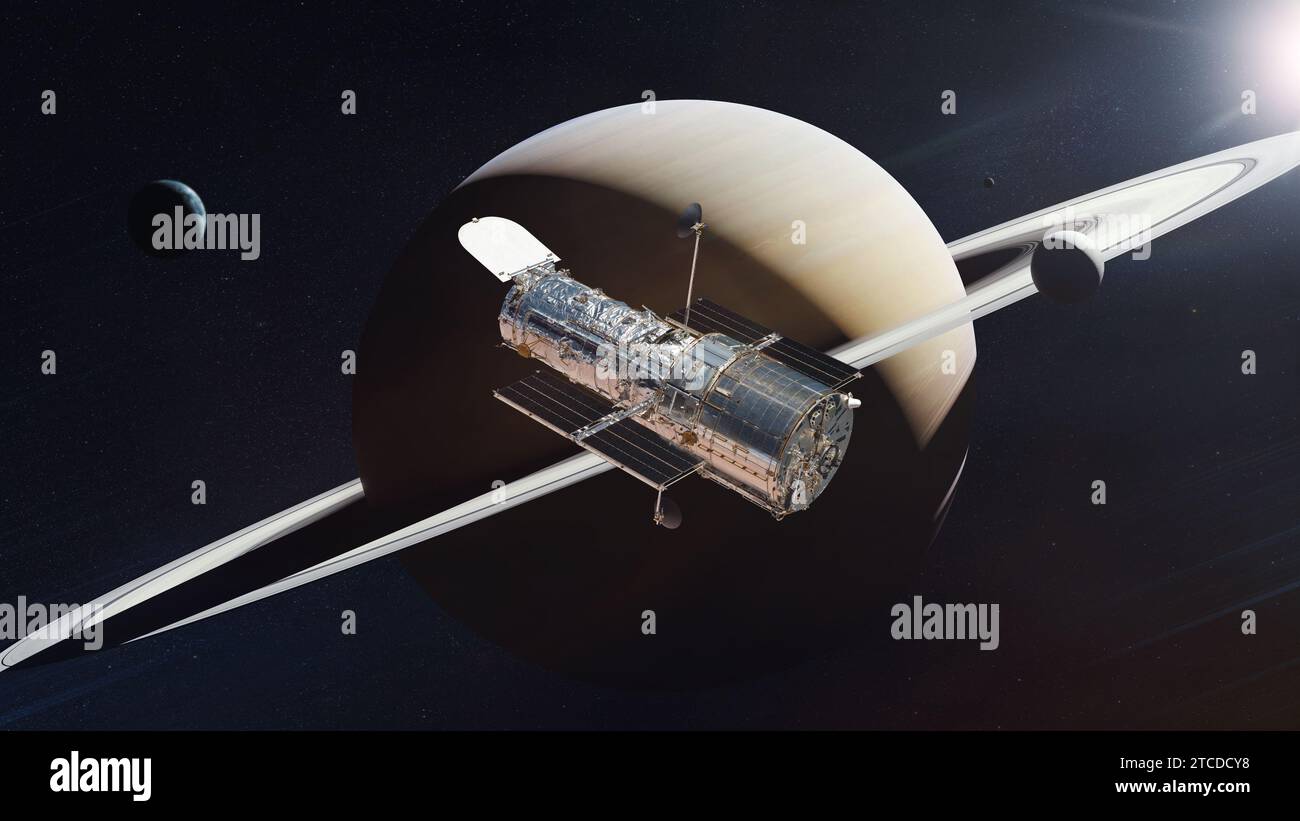 Das Hubble-Weltraumteleskop in der Nähe des Saturn-Planeten im Weltraum. Elemente dieses Bildes, bereitgestellt von der NASA. Stockfoto