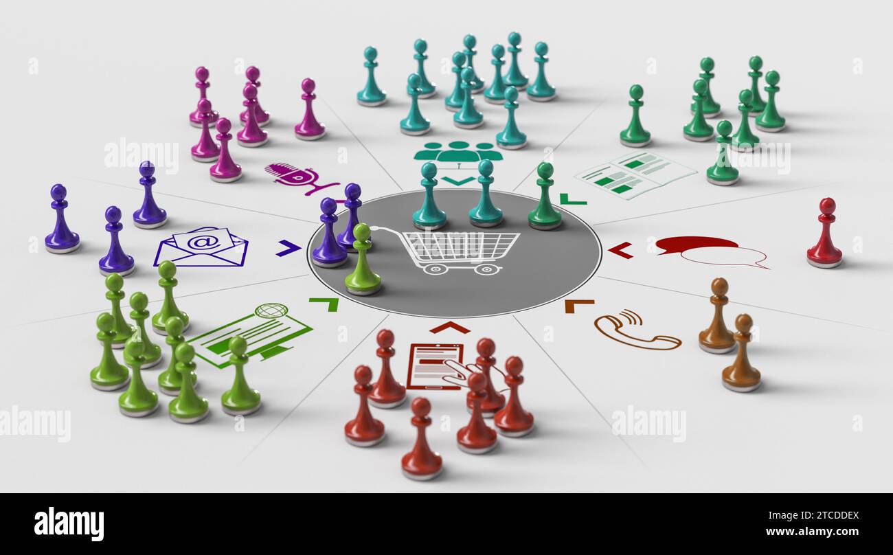 3D-Illustration von Schachfiguren über Zeichnungen, die eine Multi-Channel-Marketingstrategie darstellen. Einzelhandelskonzept. Stockfoto