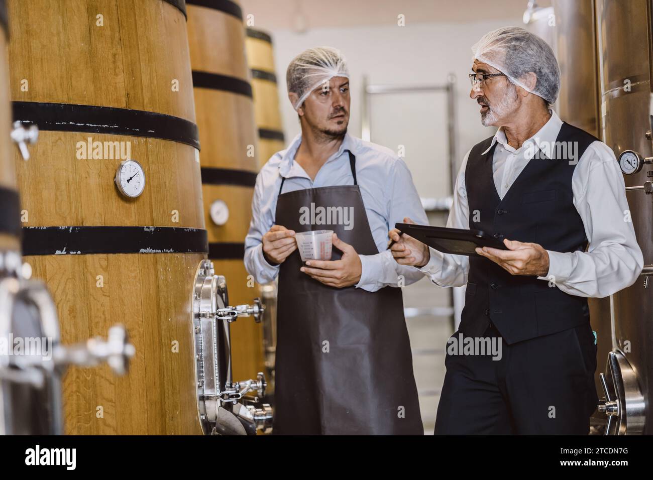 Winzer professionelle Arbeit in modernen großen Weingut Fabrik Alkohol Alkohol Getränke Industrie Qualitätskontrolle und Gärungsmonitor Vintage Farbe zu Stockfoto
