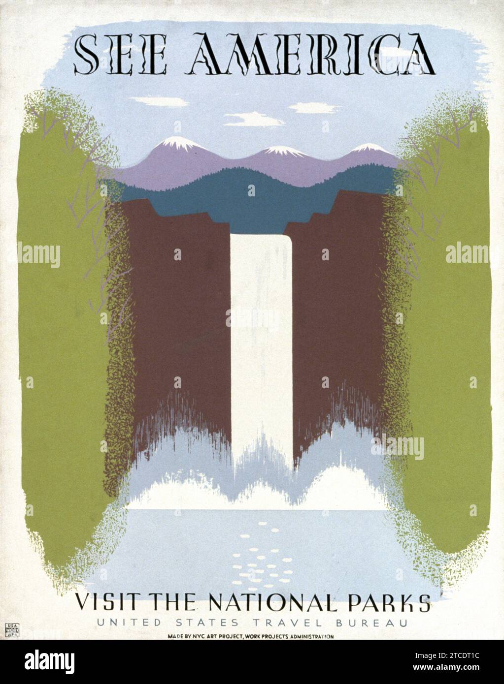 Sehen Sie Sich Amerika An. Besuchen Sie die Nationalparks - Vintage American Travel Poster - Poster für das United States Travel Bureau, das Reisen in Nationalparks mit einem Wasserfall fördert., um 1940 Stockfoto