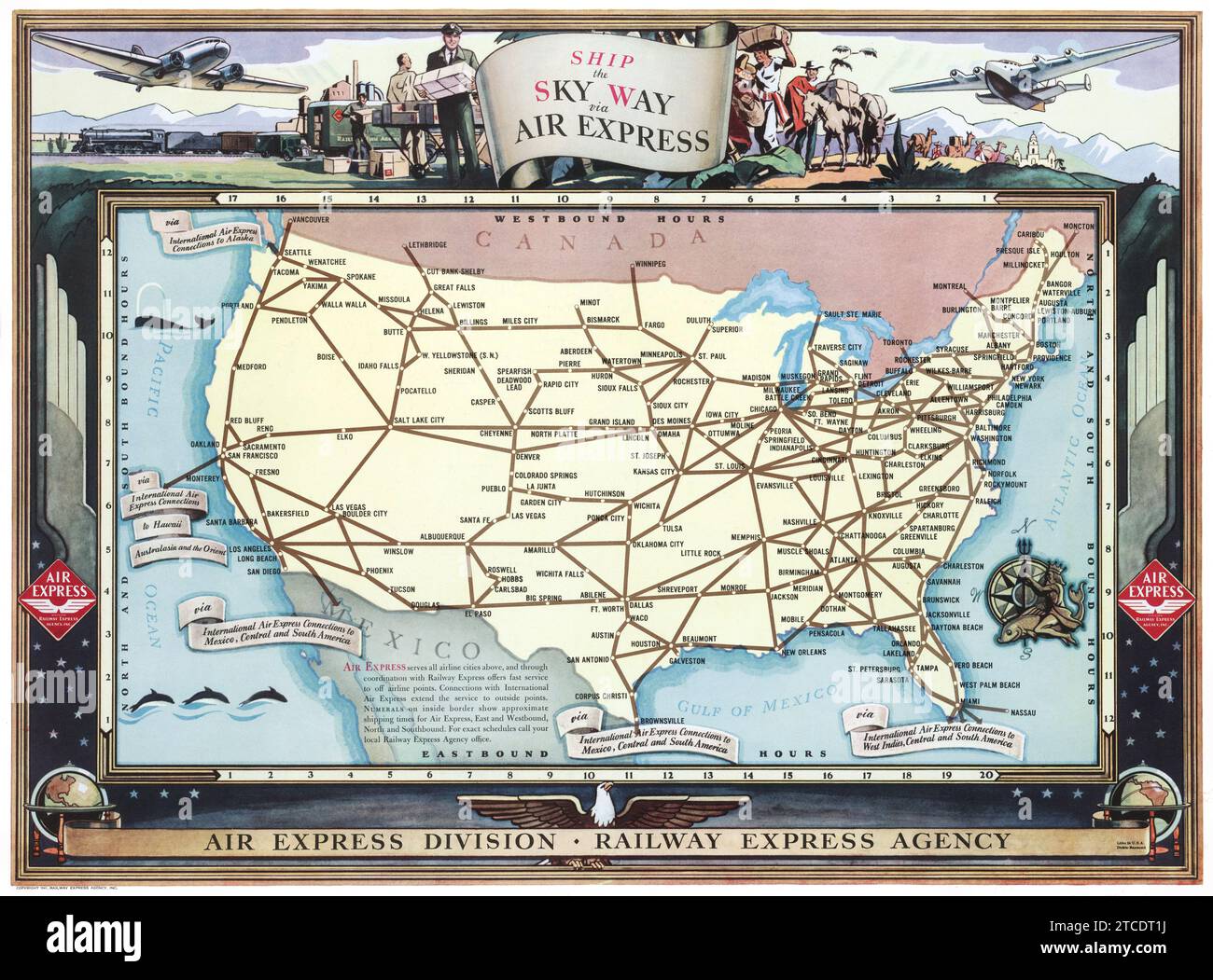amerikanisches Vintage-Reiseposter - Railway Express Agency Inc Air Express Division, 1941 - illustrierte Karte von Amerika Stockfoto