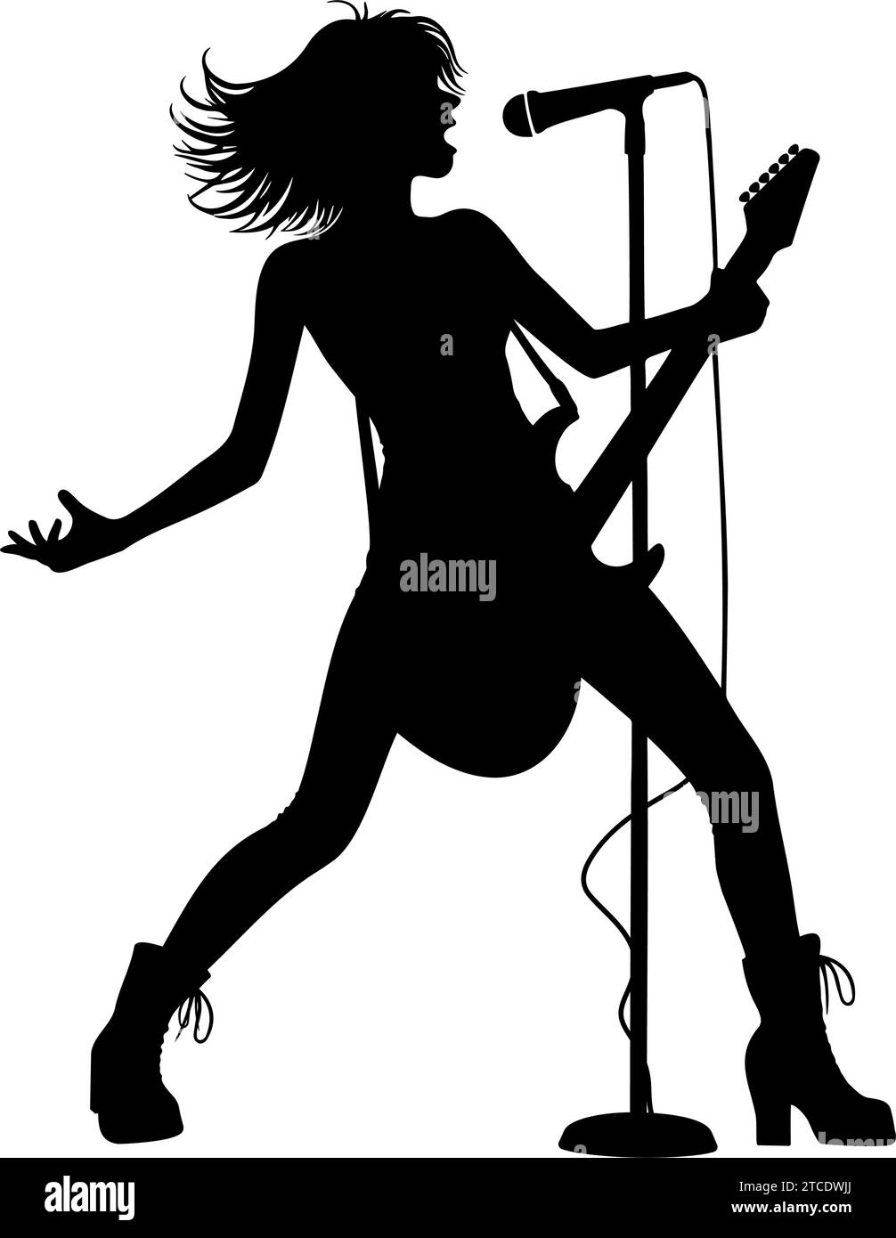 Silhouette einer Frau, die eine elektrische Gitarre in einer Rockaufführung spielt. Vektorabbildung Stock Vektor