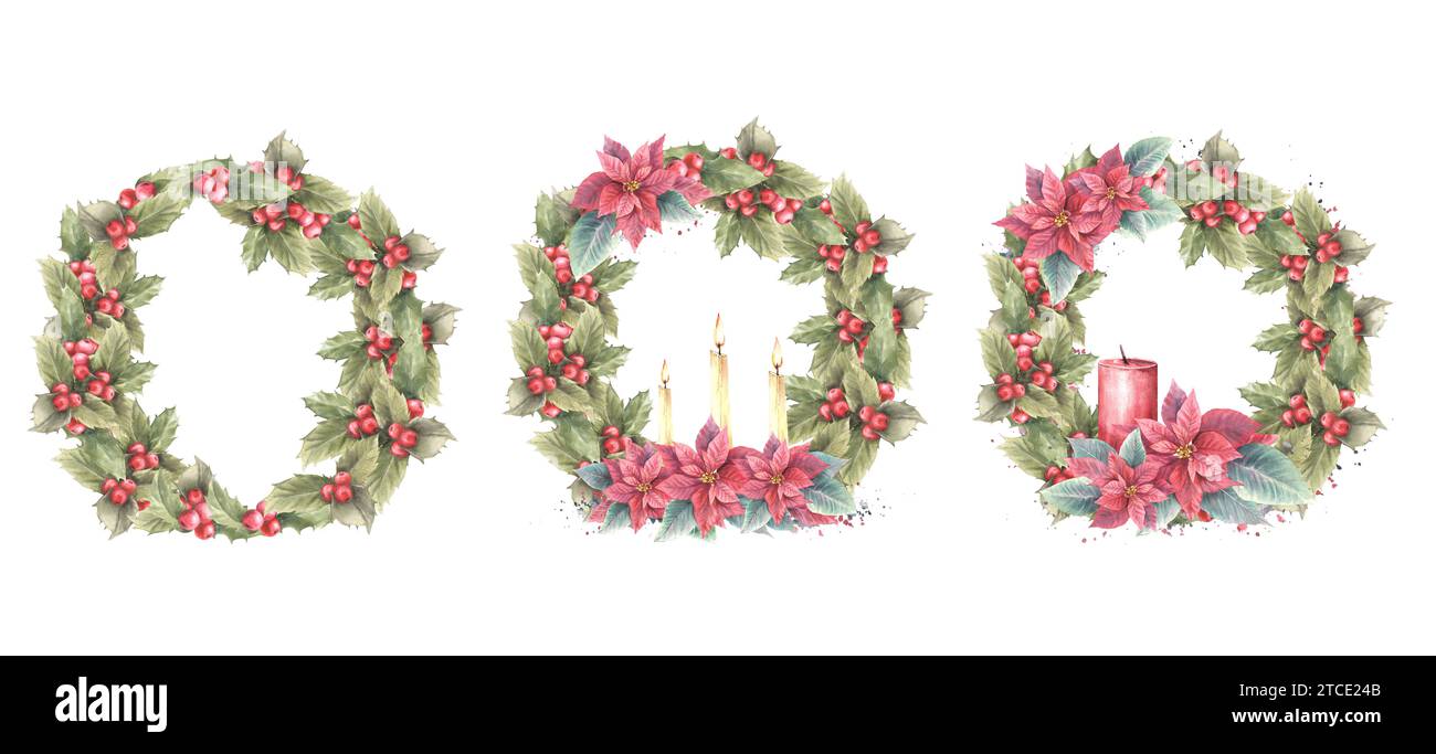 Aquarell bemalter Illustrationskranz, Rahmenset. Stechpalme, Weihnachtsstern, Blätter und drei flammende Kerzen. Vorlage für Weihnachten, Neujahr c Stockfoto