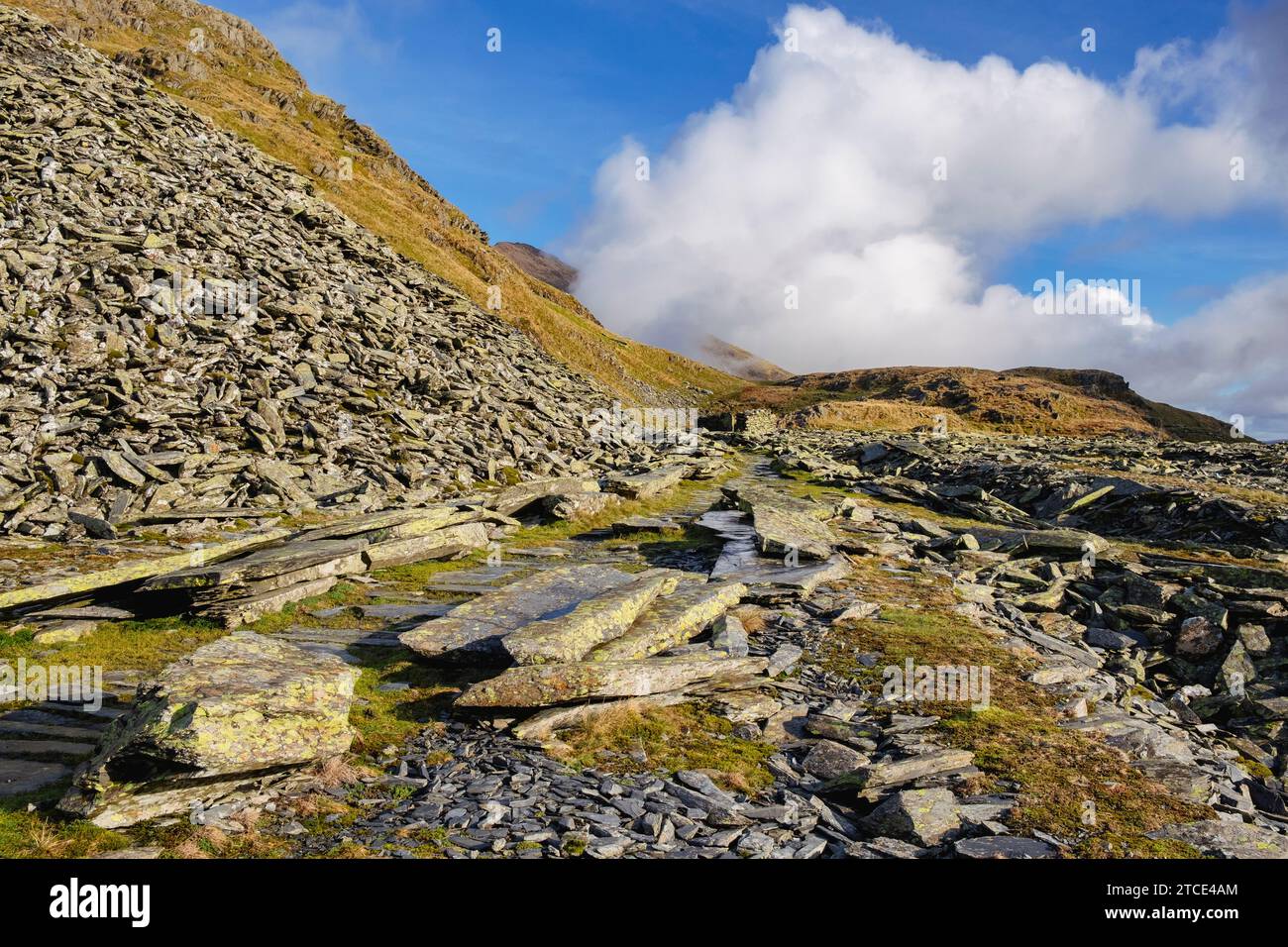 Schieferbruch auf dem historischen Miners Track von Rhyd Ddu nach Bwlch Cwm Llan im Snowdonia National Park. Rhyd Ddu, Gwynedd, Nordwales, Großbritannien Stockfoto