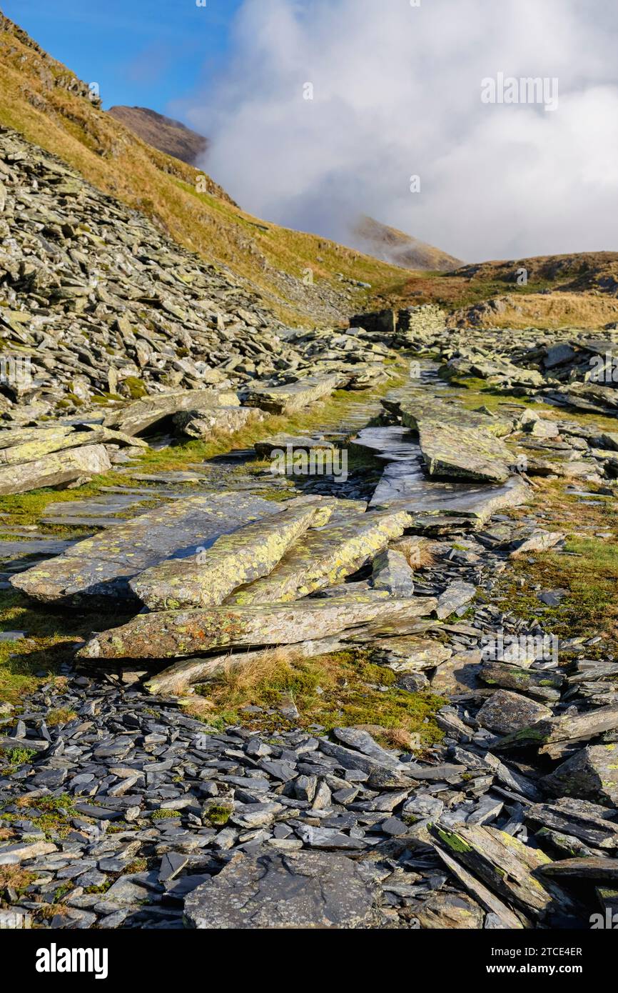 Schieferbruch auf dem historischen Miners Track von Rhyd Ddu nach Bwlch Cwm Llan im Snowdonia National Park. Rhyd Ddu, Gwynedd, North Wales, Vereinigtes Königreich, Europa Stockfoto