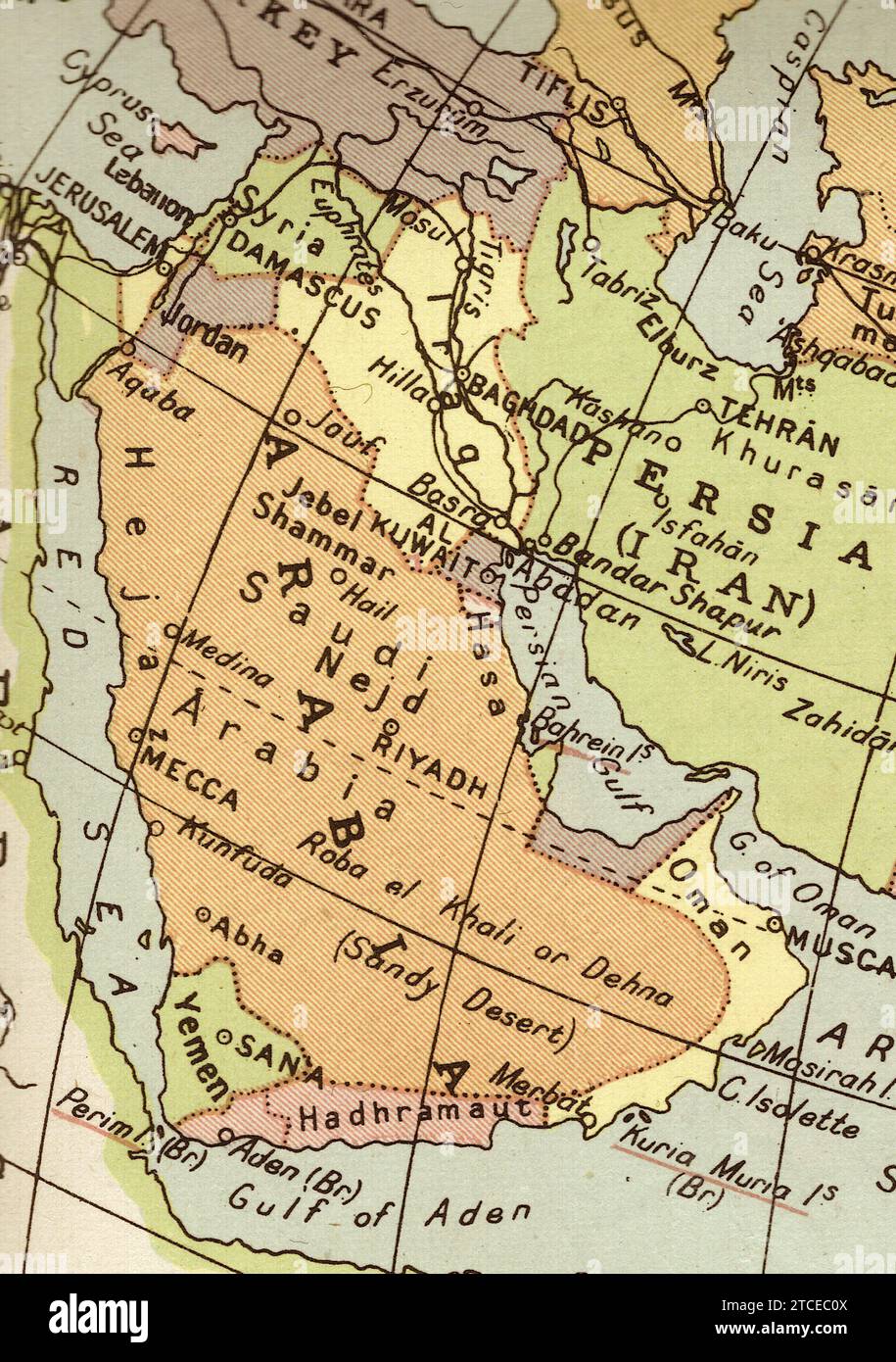 Eine alte/antike politische Karte in Sepia, die Arabien zeigt. Stockfoto