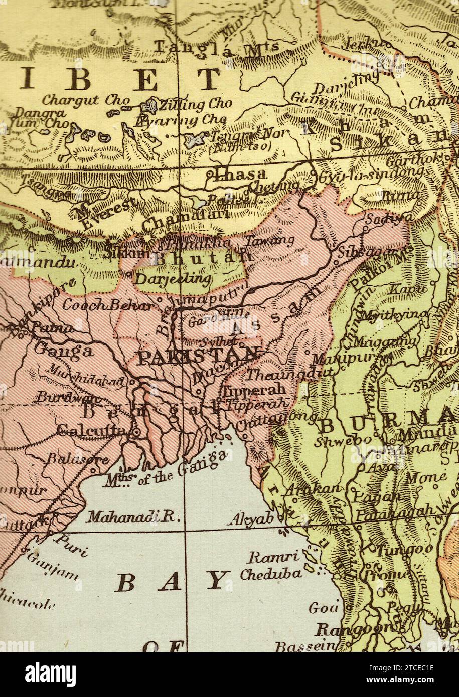 Eine alte/antike politische Karte in Sepia, die Pakistan zeigt. Stockfoto